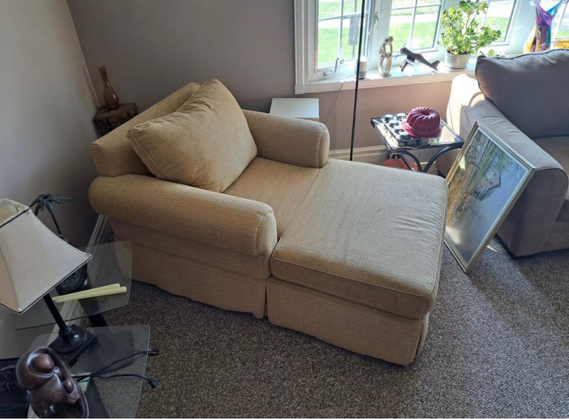 Residential armchair and chaise reupholstered in tan fabric
